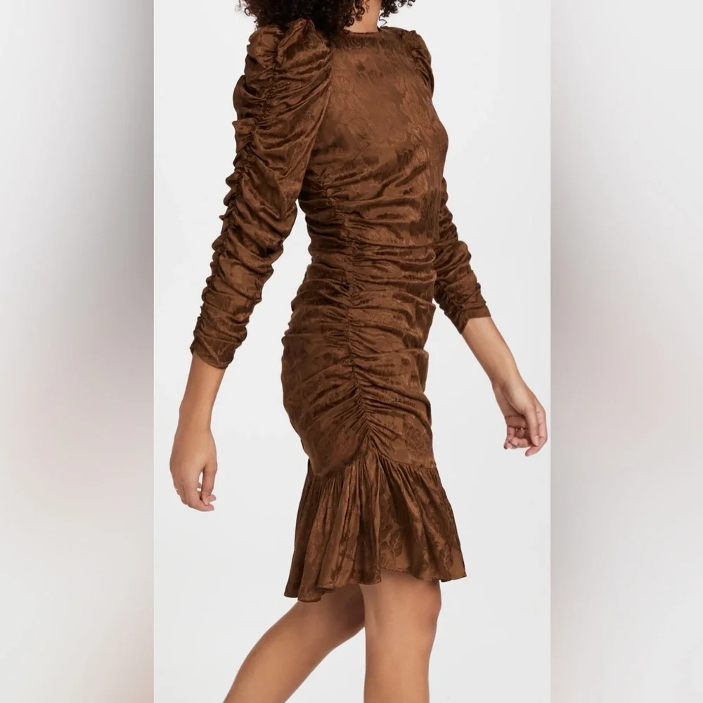 NWT ByTimo Jacquard Chocolate Brown Floral Ruched Ruffled Georgette Mini Dress - Picture 3 of 15